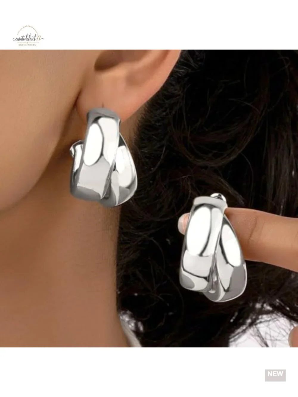 Chunky Geometric Twist Hoop Dangle Earrings Glossy Metal Statement Jewelry